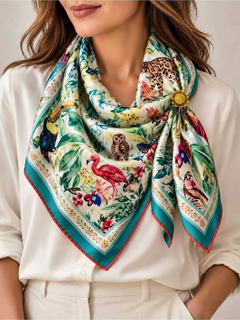 Colorful Tropical Jungle Animals Print Scarf with Jeweled Sunflower Pin